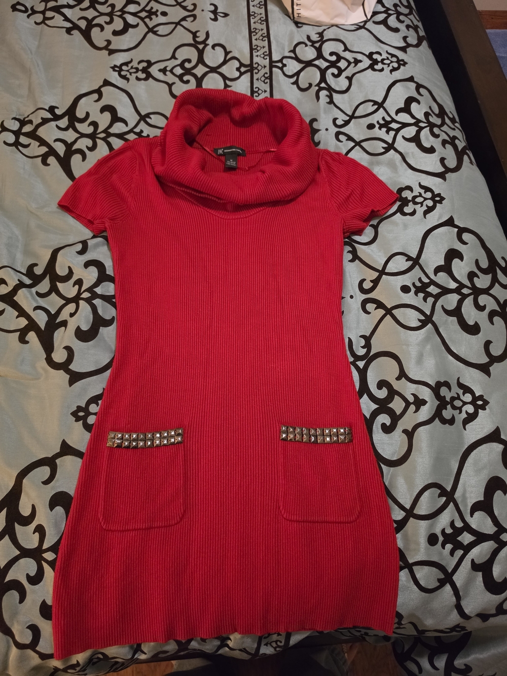INC International Concepts Red Ribbed Cowl-Neck Sweater Dress